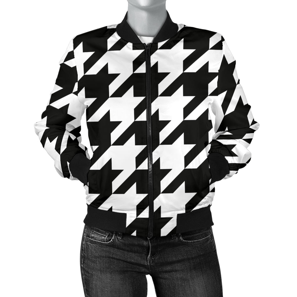 Houndstooth Black White Pattern Print Design 05 Women's Bomber Jacket