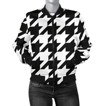 Houndstooth Black White Pattern Print Design 05 Women's Bomber Jacket