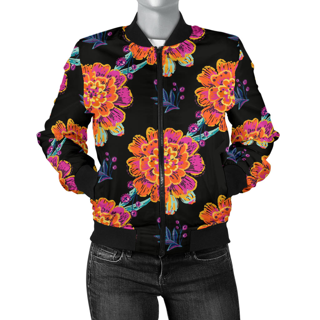 Marigold Pattern Print Design MR04 Women Bomber Jacket