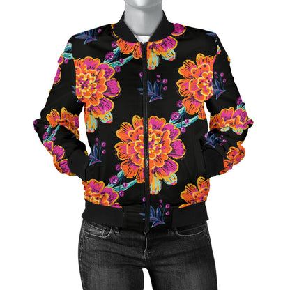 Marigold Pattern Print Design MR04 Women Bomber Jacket