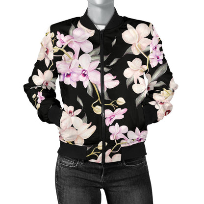 Orchid White Pattern Print Design OR03 Women Bomber Jacket