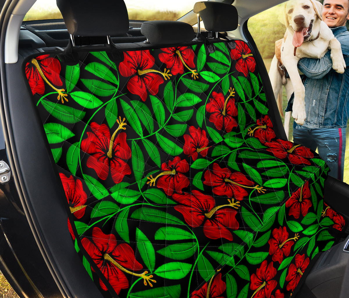 Red Hibiscus Embroidered Pattern Print Design HB032 Rear Dog  Seat Cover