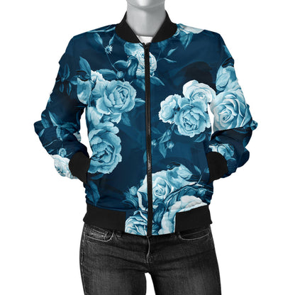 Rose Blue Pattern Print Design RO014 Women Bomber Jacket