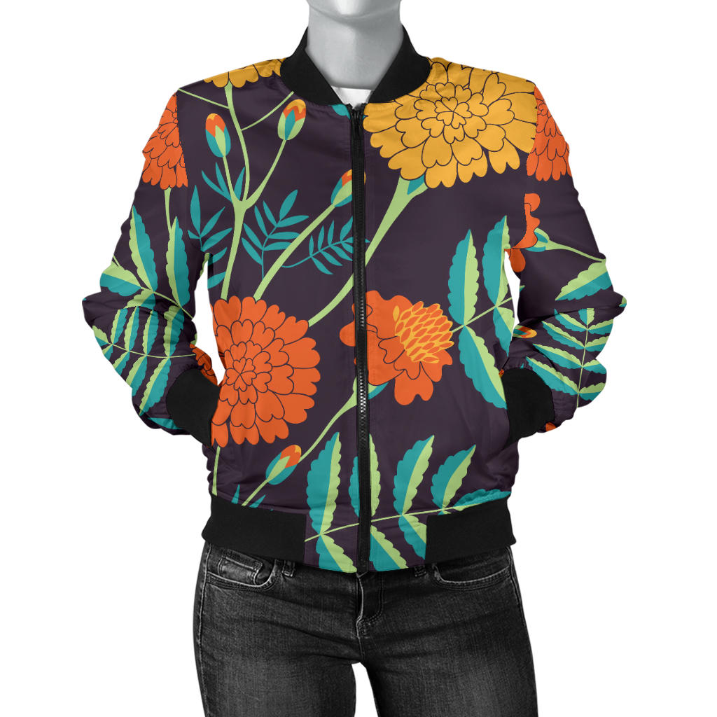 Marigold Pattern Print Design MR01 Women Bomber Jacket