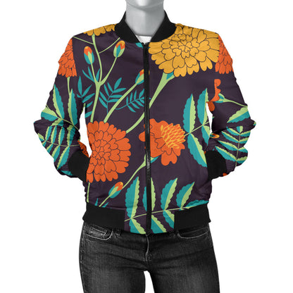 Marigold Pattern Print Design MR01 Women Bomber Jacket