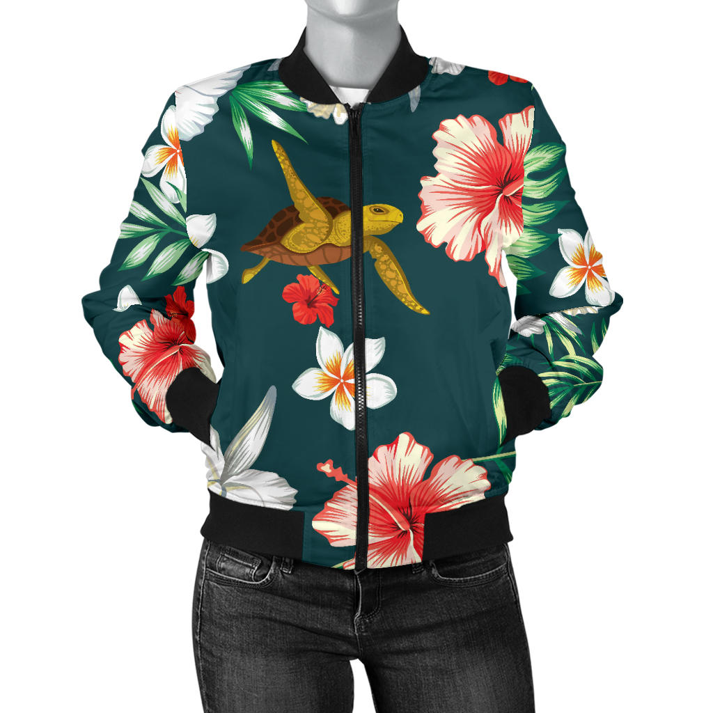 Hawaiian Flower Design with SeaTurtle Print Women Bomber Jacket