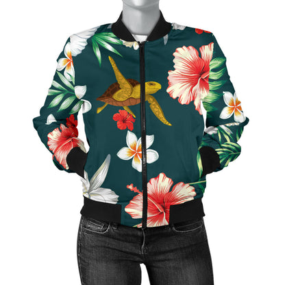 Hawaiian Flower Design with SeaTurtle Print Women Bomber Jacket