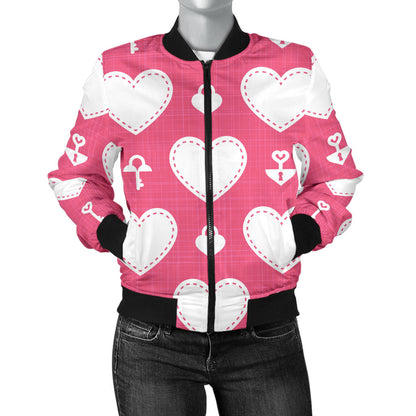 Heart Key Pattern Print Design HE09 Women Bomber Jacket
