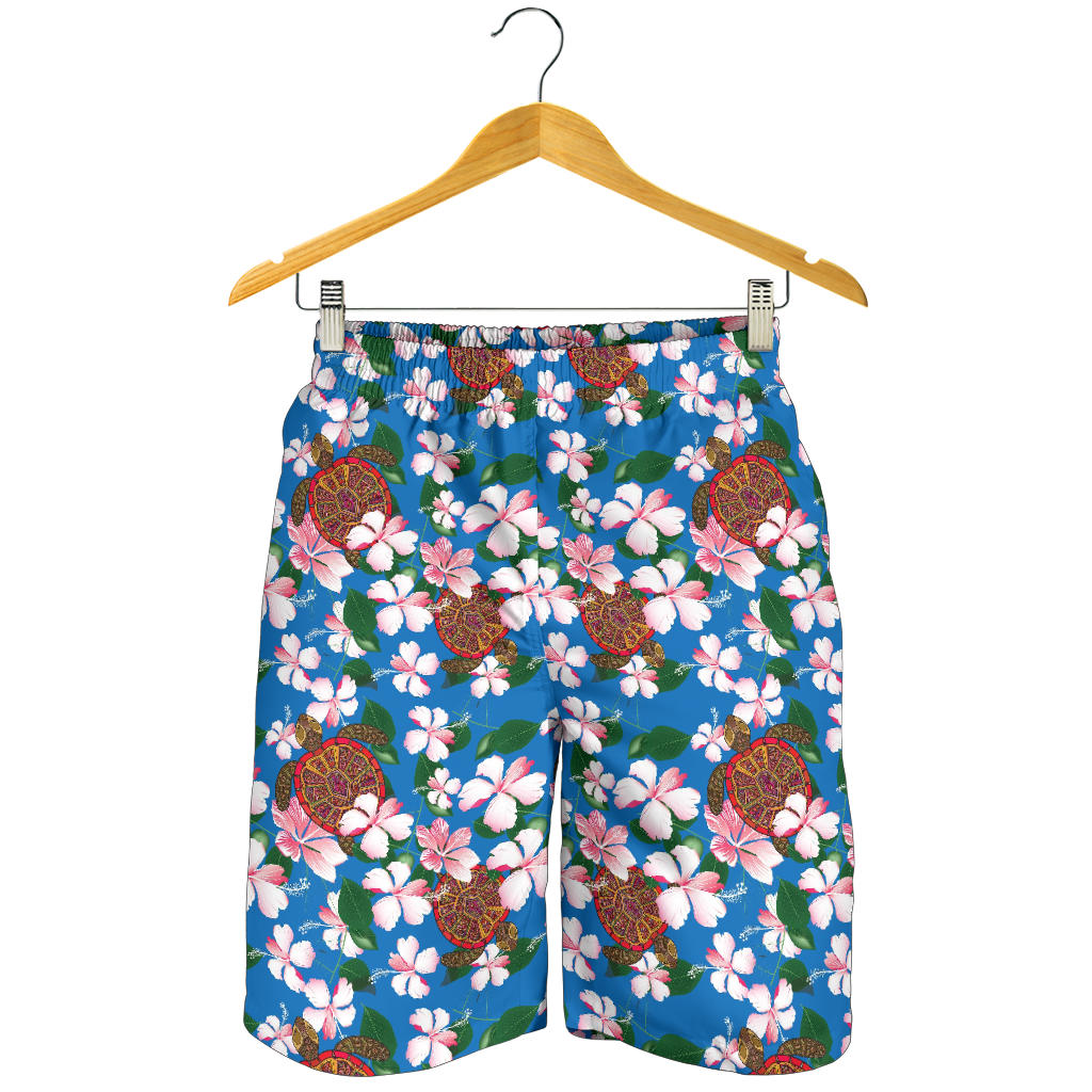 Sea Turtle Pink Hibiscus Hawaiian Print Mens Shorts