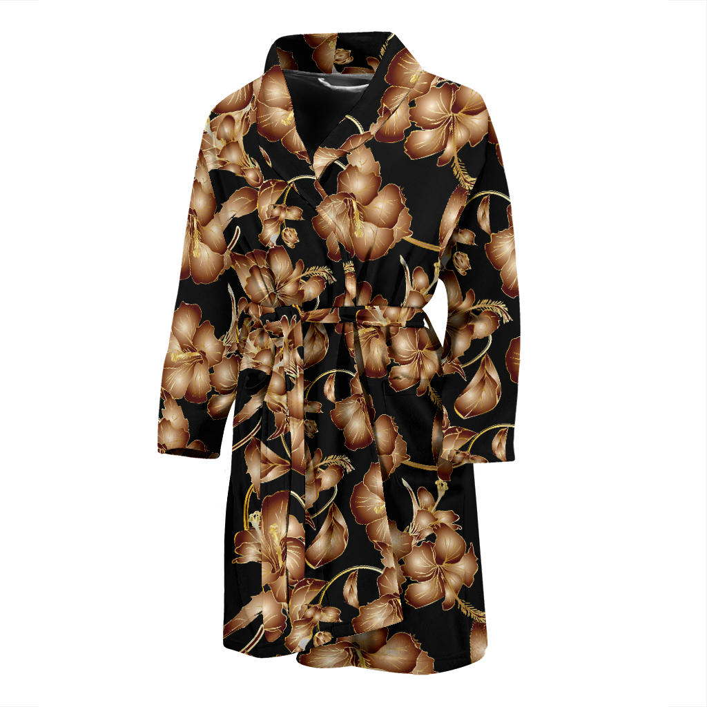 Brown Hibiscus Pattern Print Design HB06 Men Bathrobe
