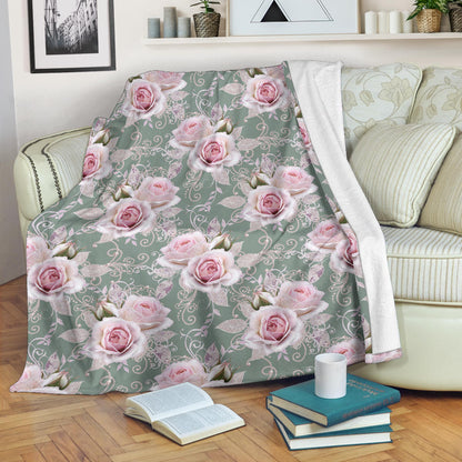 Rose White Pattern Print Design RO012 Fleece Blanket