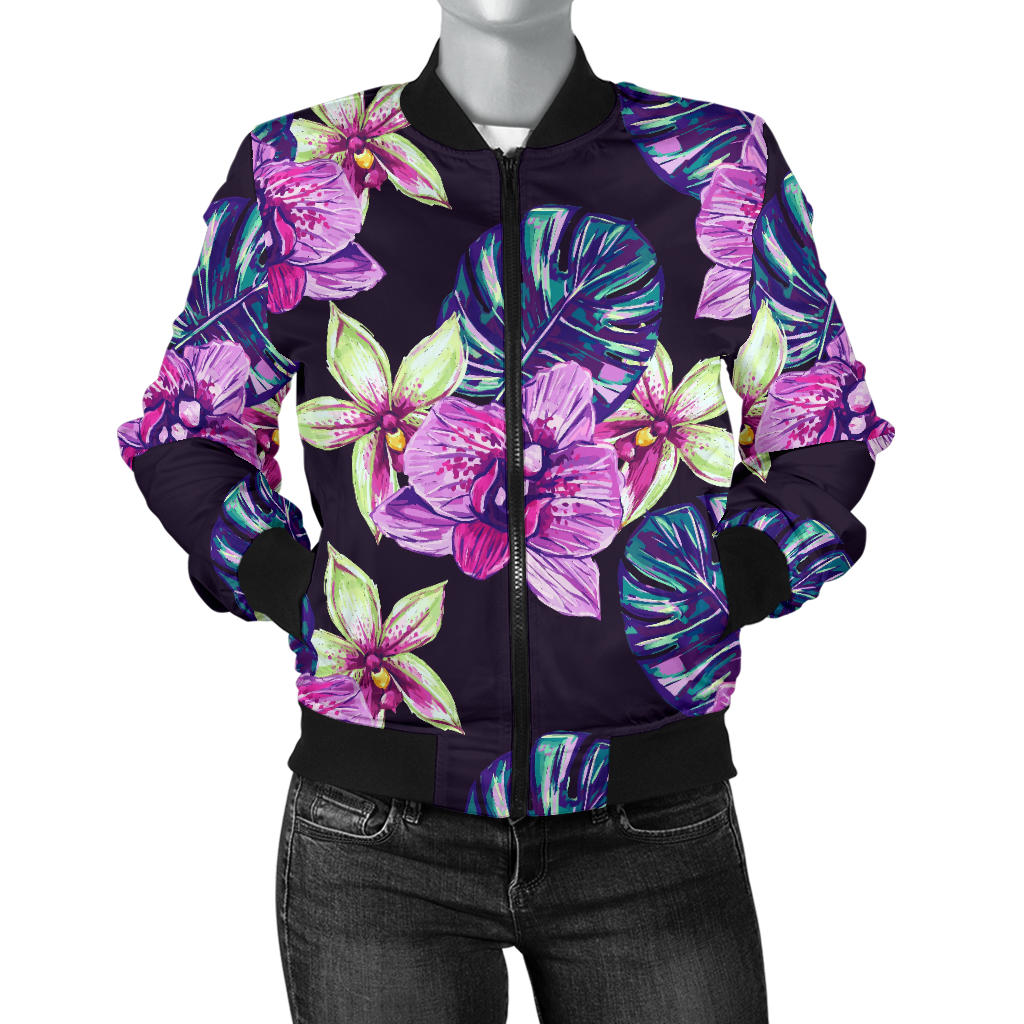 Orchid Pattern Print Design OR010 Women Bomber Jacket