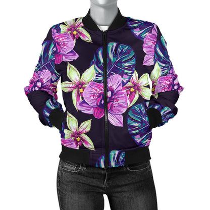 Orchid Pattern Print Design OR010 Women Bomber Jacket