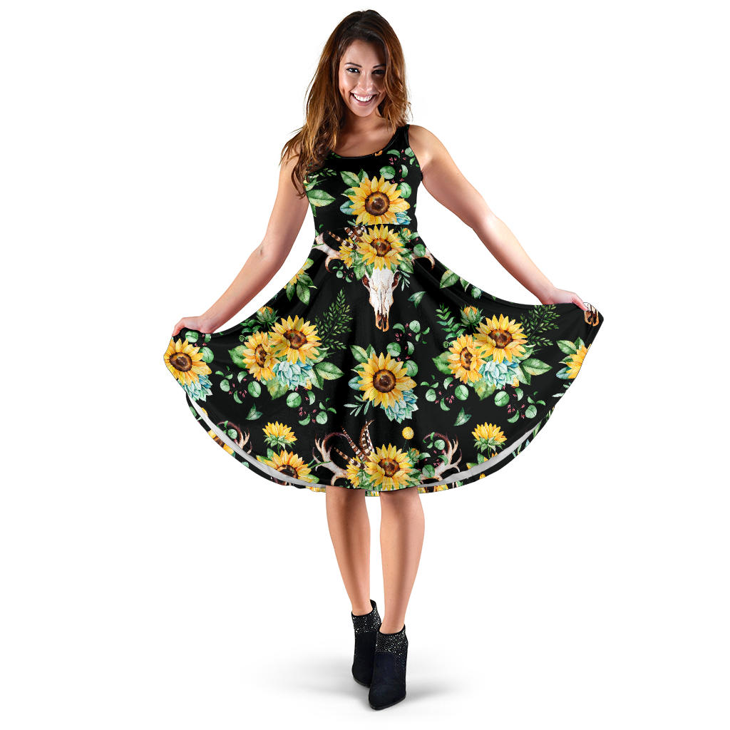 Sunflower Pattern Print Design SF08 Midi Dress