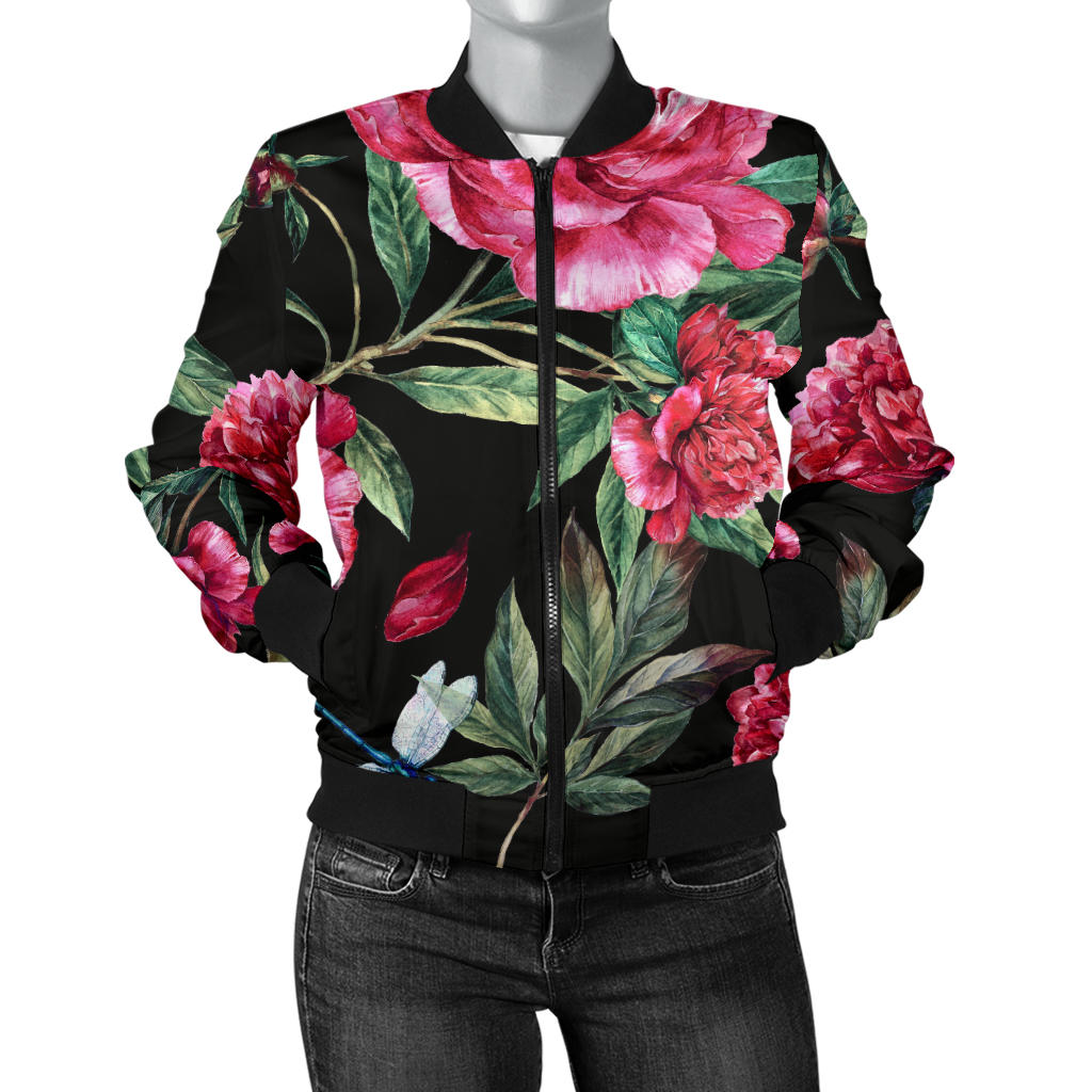 Peony Pattern Print Design PE04 Women Bomber Jacket