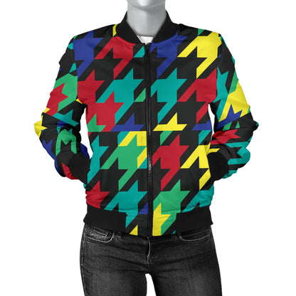 Houndstooth Colorful Pattern Print Design 02 Women's Bomber Jacket