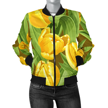 Tulip Yellow Pattern Print Design TP010 Women Bomber Jacket