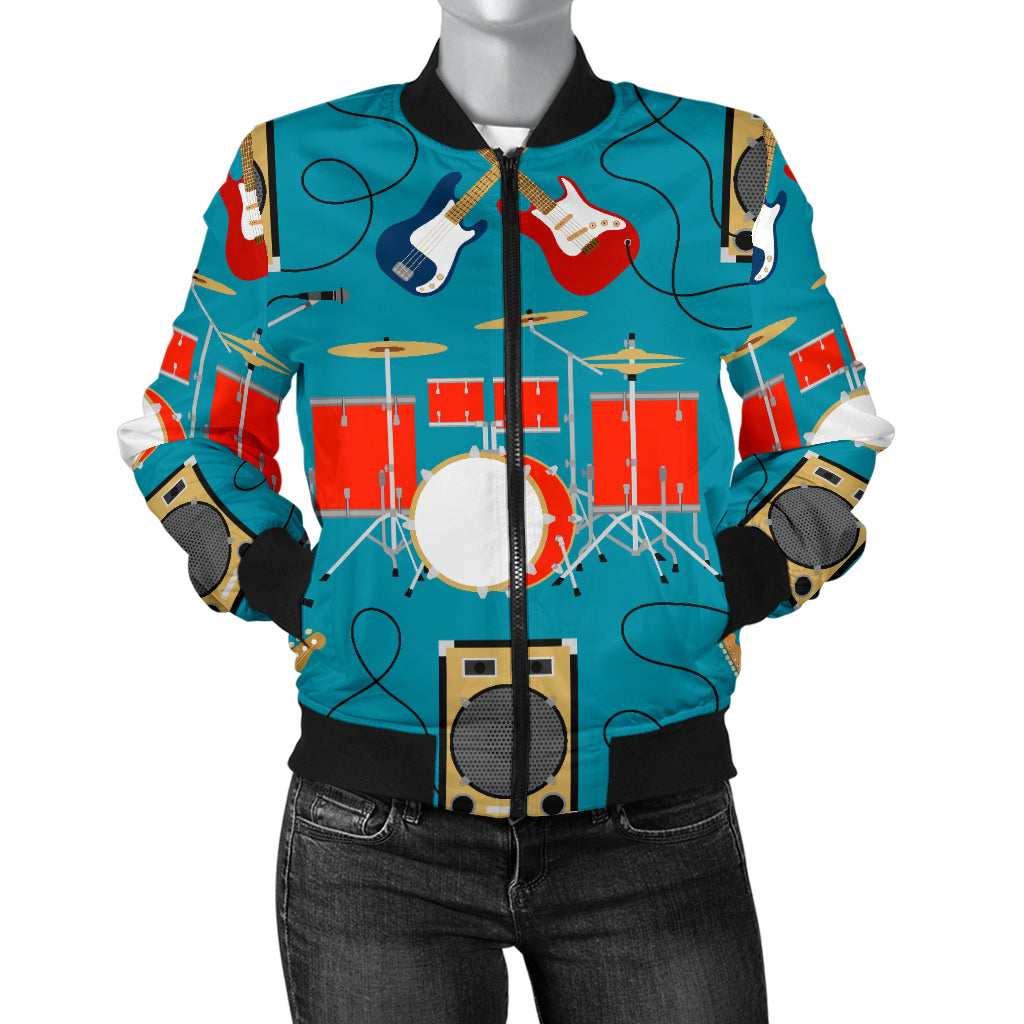 Drum Set Guitar Pattern Print Design 02 Women's Bomber Jacket