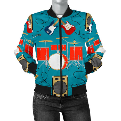 Drum Set Guitar Pattern Print Design 02 Women's Bomber Jacket