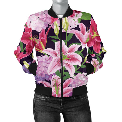 Lily Pattern Print Design LY017 Women Bomber Jacket