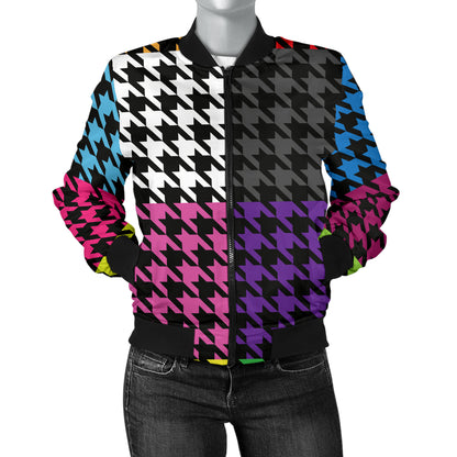 Houndstooth Colorful Pattern Print Design 01 Women's Bomber Jacket
