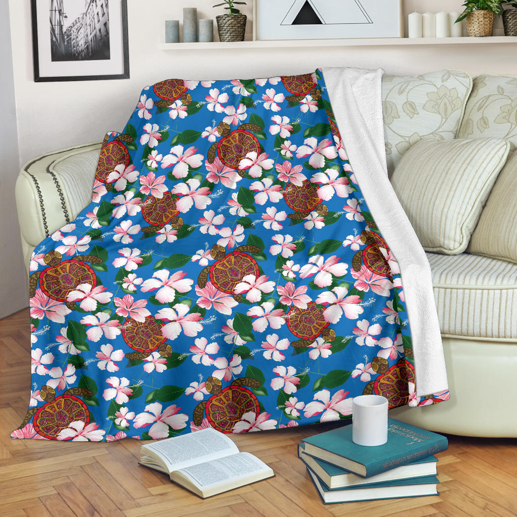 Sea Turtle Pink Hibiscus Hawaiian Print Fleece Blanket