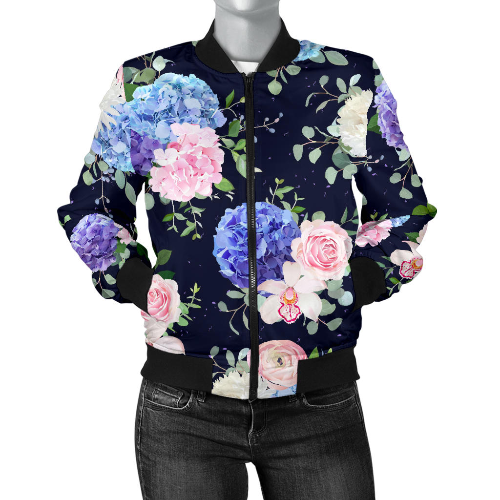 Hydrangea Pattern Print Design HD01 Women Bomber Jacket