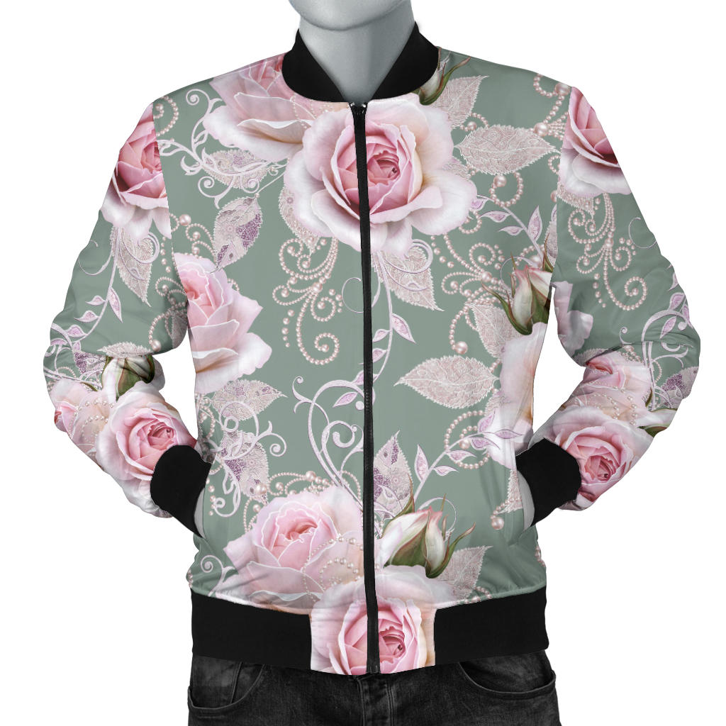 Rose White Pattern Print Design RO012 Men Bomber Jacket