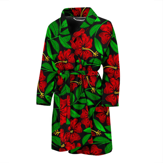 Red Hibiscus Embroidered Pattern Print Design HB032 Men Bathrobe