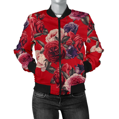 Rose Red Pattern Print Design RO07 Women Bomber Jacket