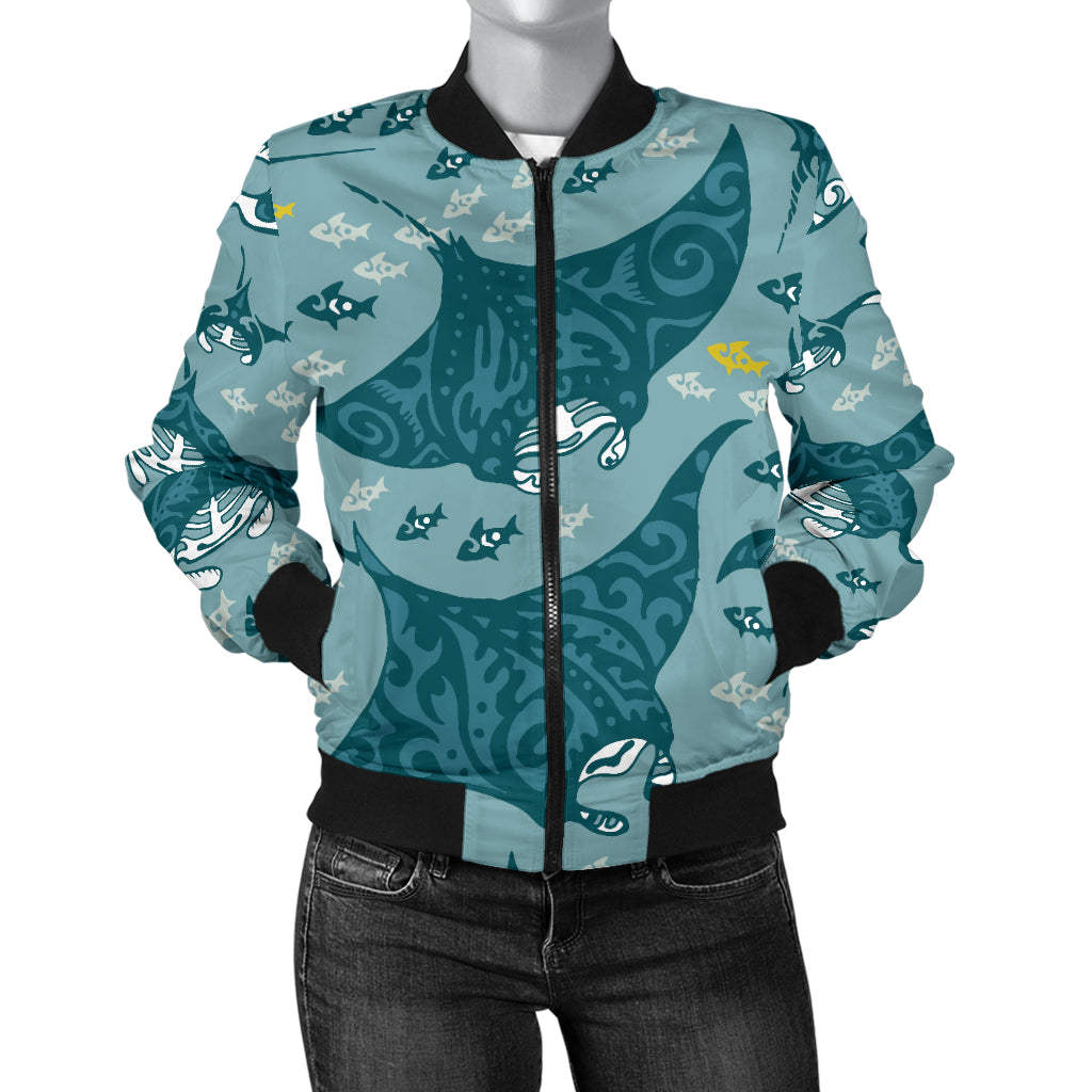 Manta Ray Tribal Pattern Print Design 03 Women's Bomber Jacket