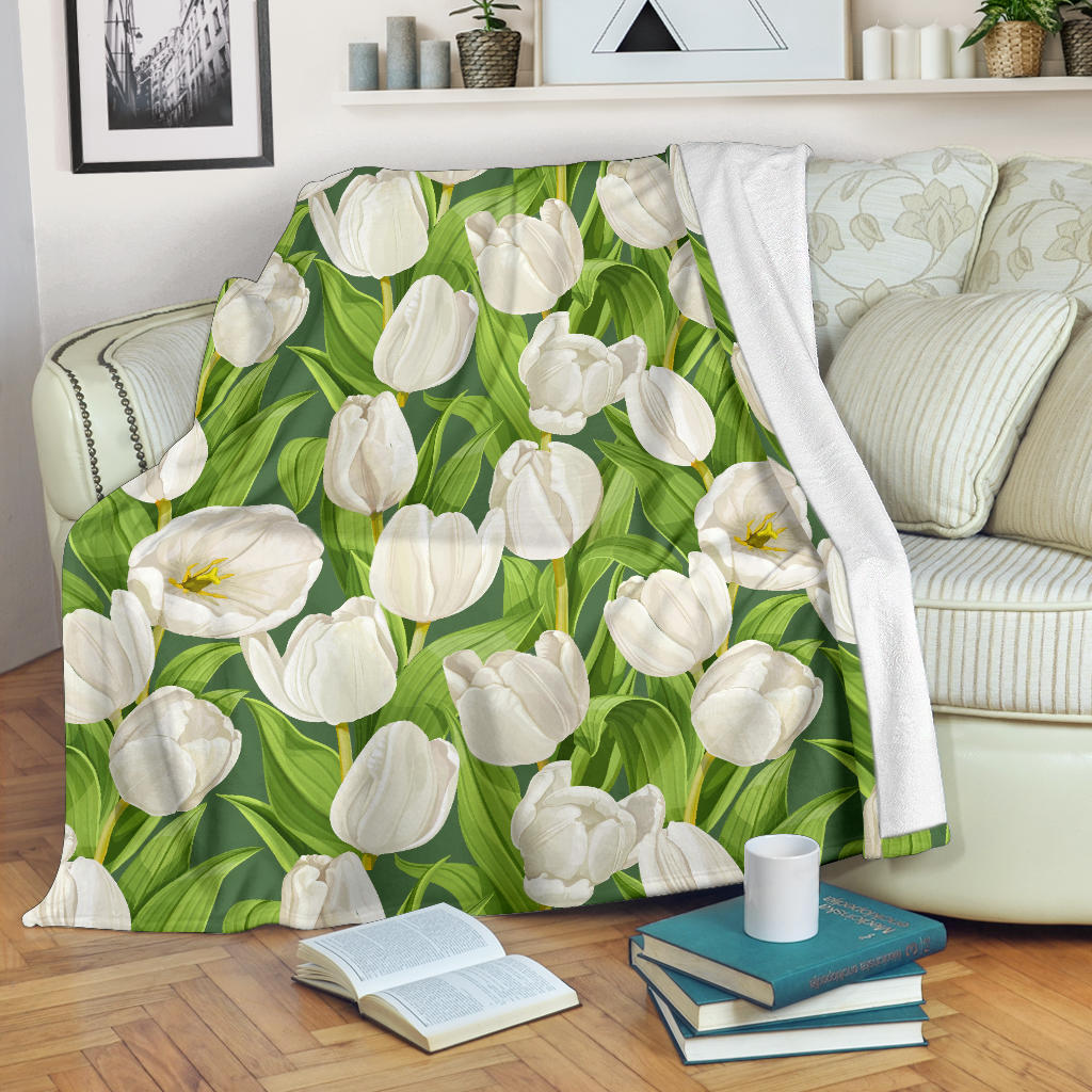 Tulip White Pattern Print Design TP05 Fleece Blanket