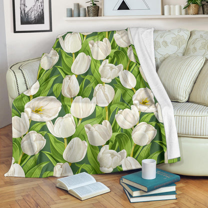 Tulip White Pattern Print Design TP05 Fleece Blanket