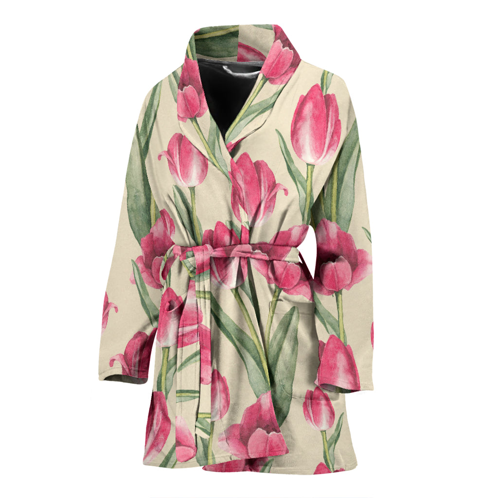 Tulip Pink Pattern Print Design TP06 Women Bathrobe