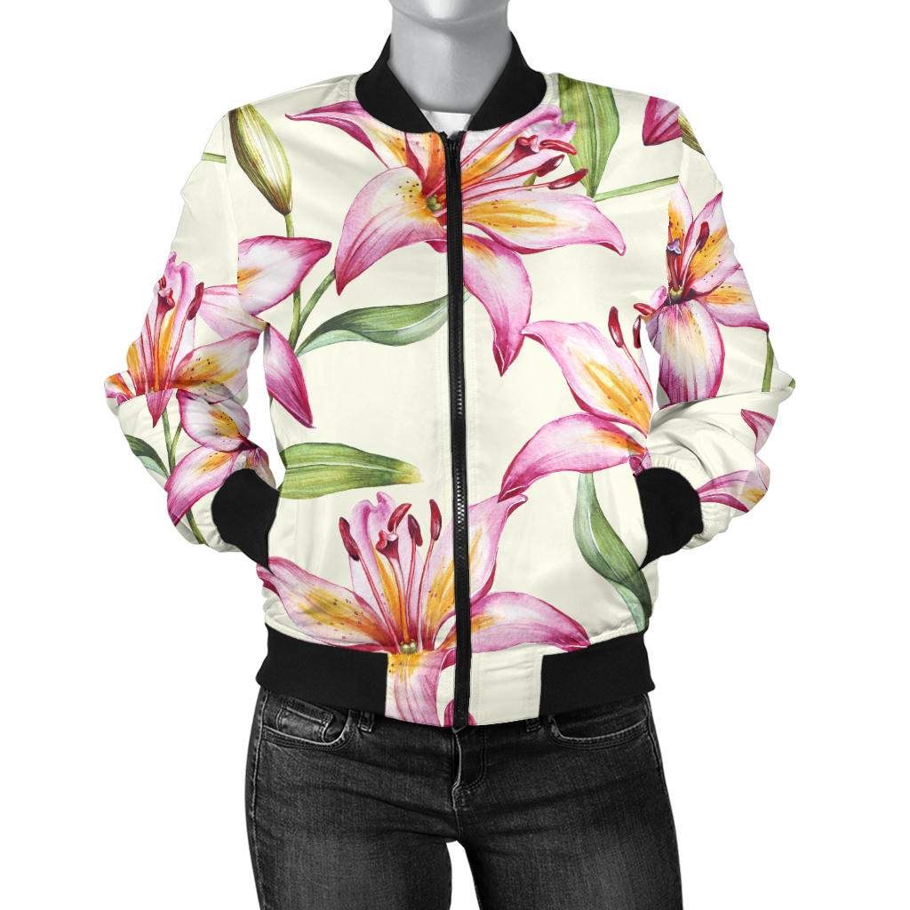 Lily Pattern Print Design LY011 Women Bomber Jacket