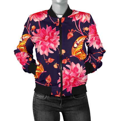 Dahlia Pattern Print Design DH03 Women Bomber Jacket
