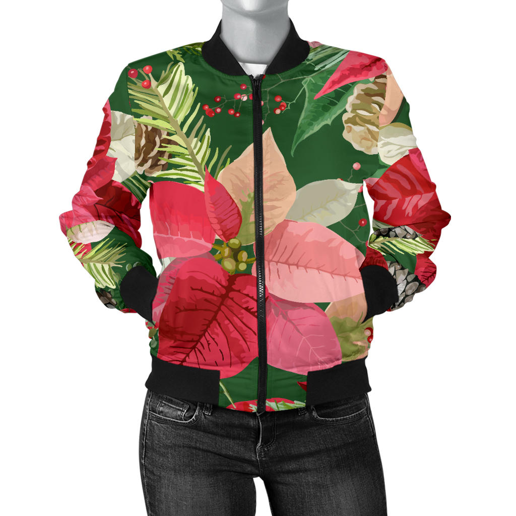 Poinsettia Pattern Print Design POT03 Women Bomber Jacket
