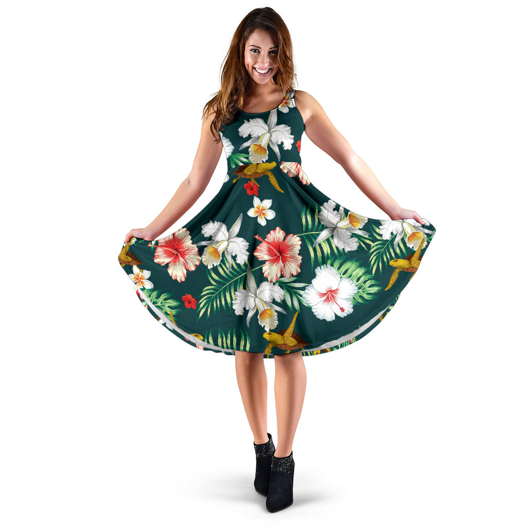 Hawaiian Flower Design with SeaTurtle Print Midi Dress