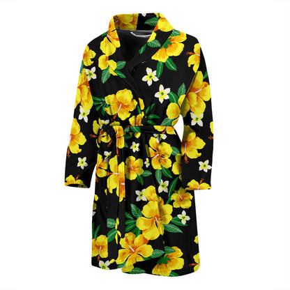Yellow Hibiscus Pattern Print Design HB08 Men Bathrobe
