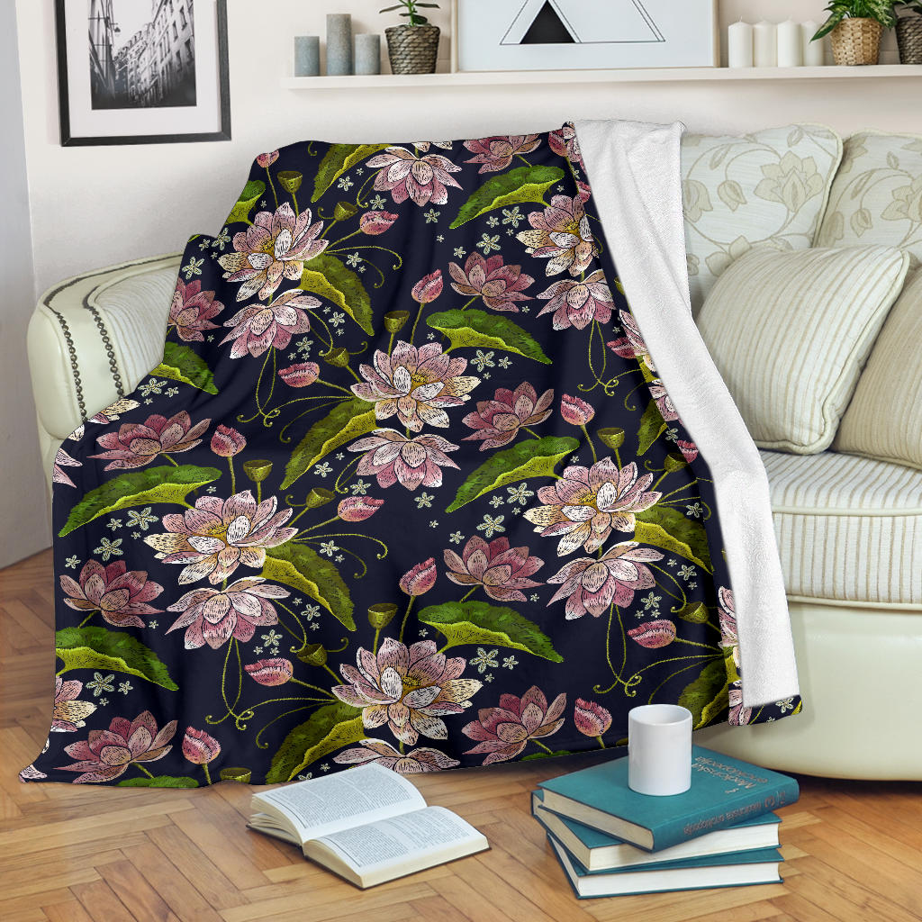 lotus Embroidered Pattern Print Design LO06 Fleece Blanket