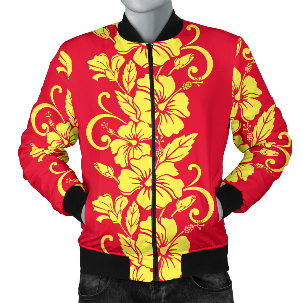 Orange Hibiscus Pattern Print Design HB018 Men Bomber Jacket