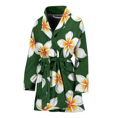 White Plumeria Pattern Print Design PM020 Women Bathrobe