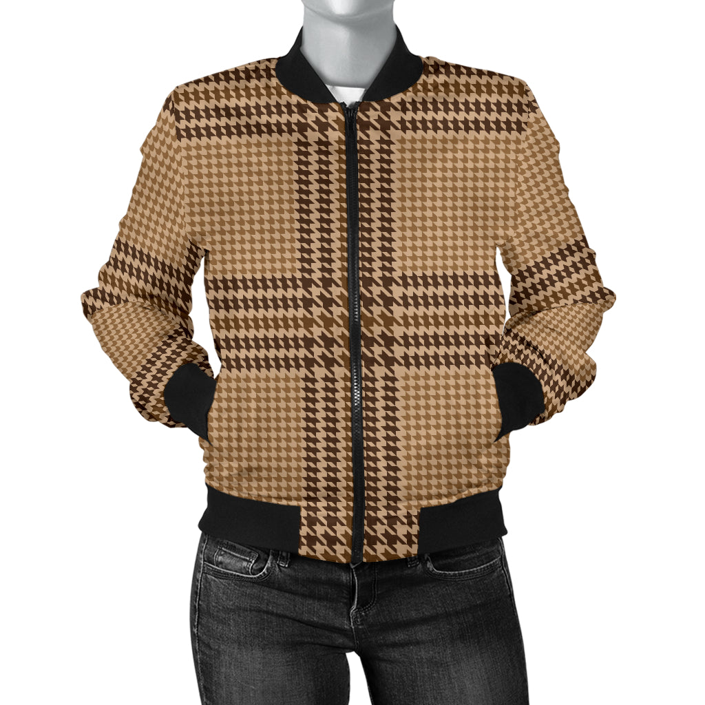 Houndstooth Brown Pattern Print Design 04 Women's Bomber Jacket