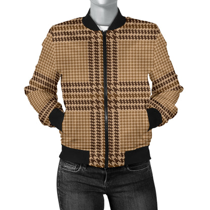 Houndstooth Brown Pattern Print Design 04 Women's Bomber Jacket