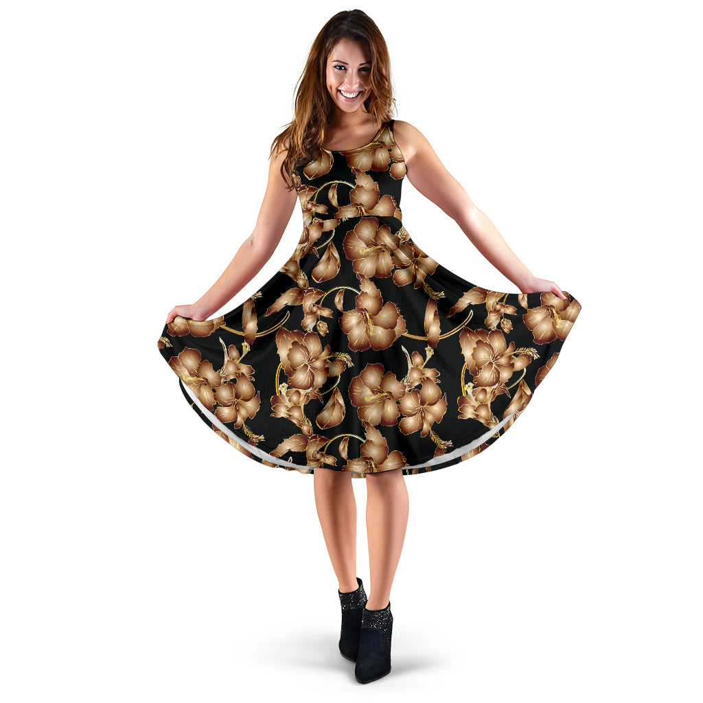 Brown Hibiscus Pattern Print Design HB06 Midi Dress