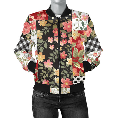 Patchwork Flower Pattern Print Design 03 Women's Bomber Jacket