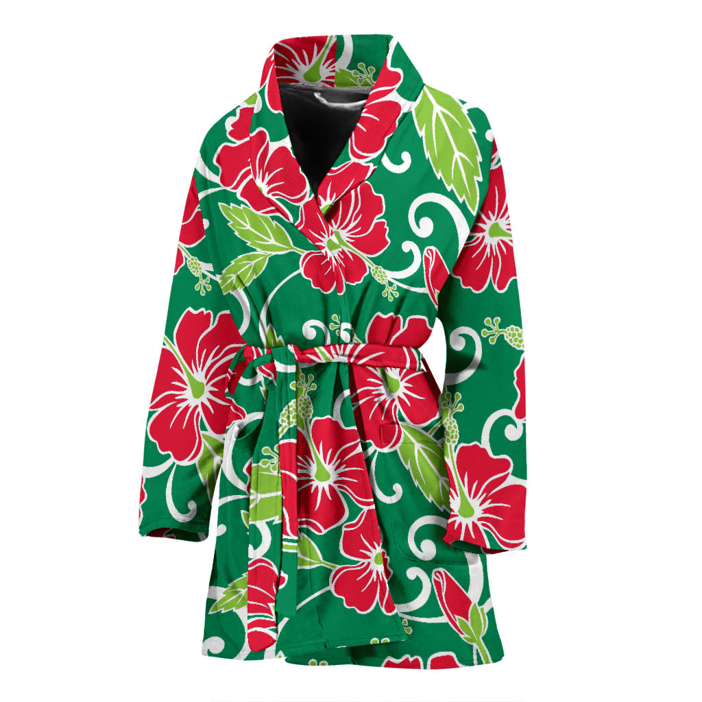 Red Hibiscus Pattern Print Design HB019 Women Bathrobe