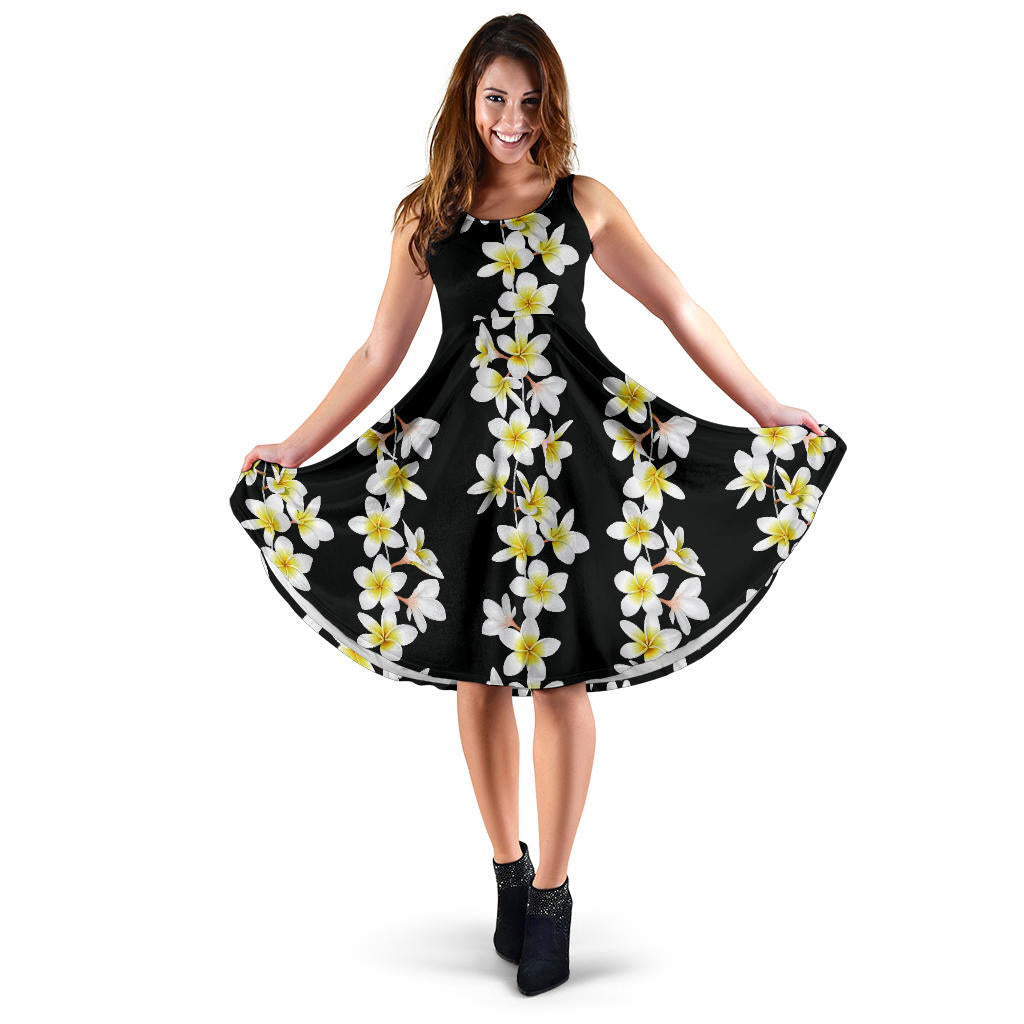 White Plumeria Pattern Print Design PM08 Midi Dress