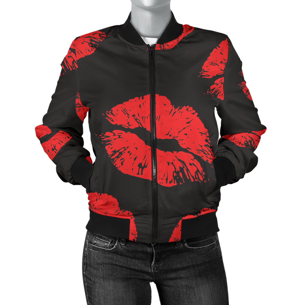 Lip Red Pattern Print Design 02 Women's Bomber Jacket