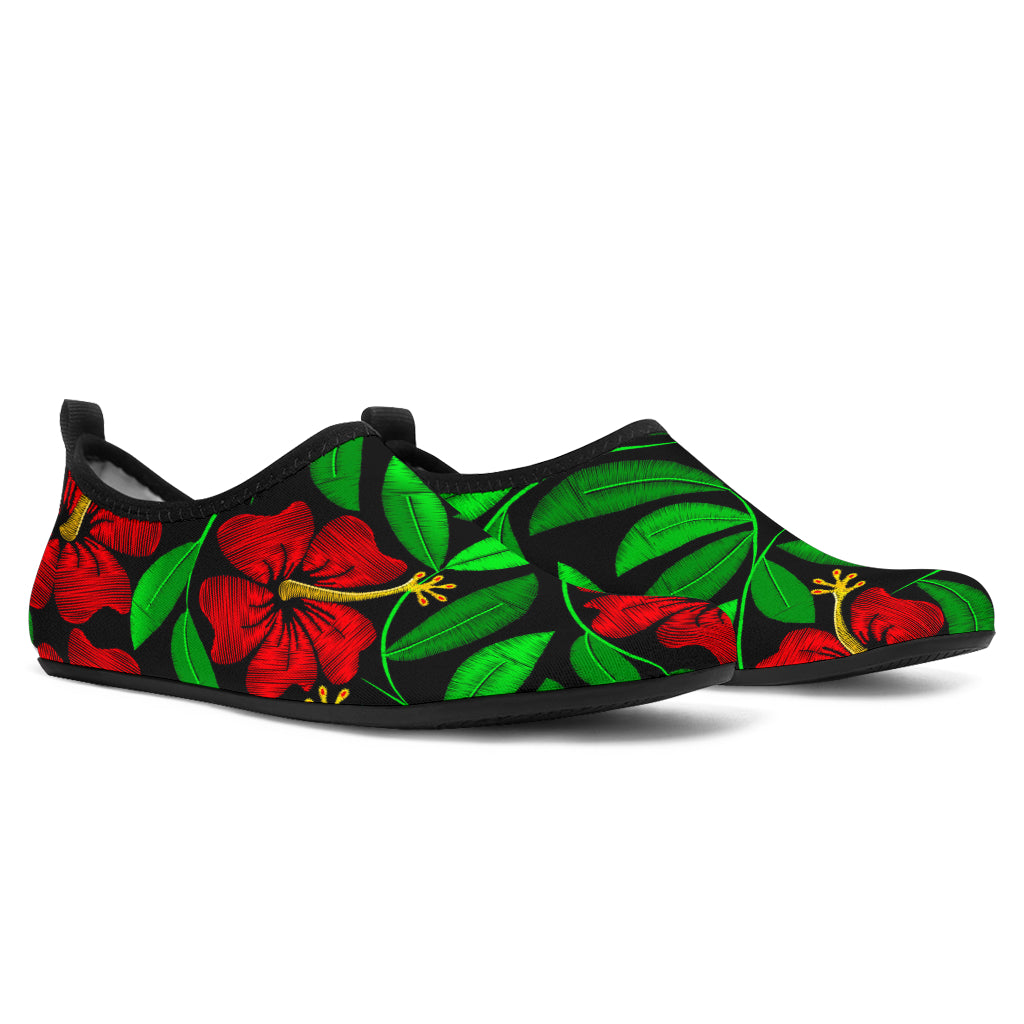 Red Hibiscus Embroidered Pattern Print Design HB032 Aqua Water Shoes